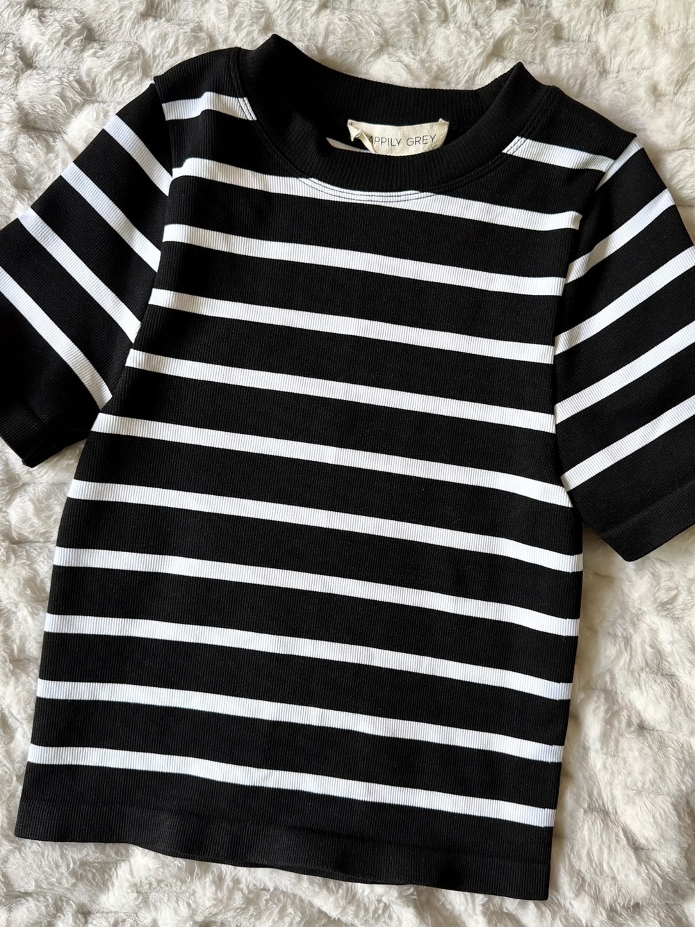 Happily Grey Black White Striped Cropped Tee S M Fitted Stretch Minimal